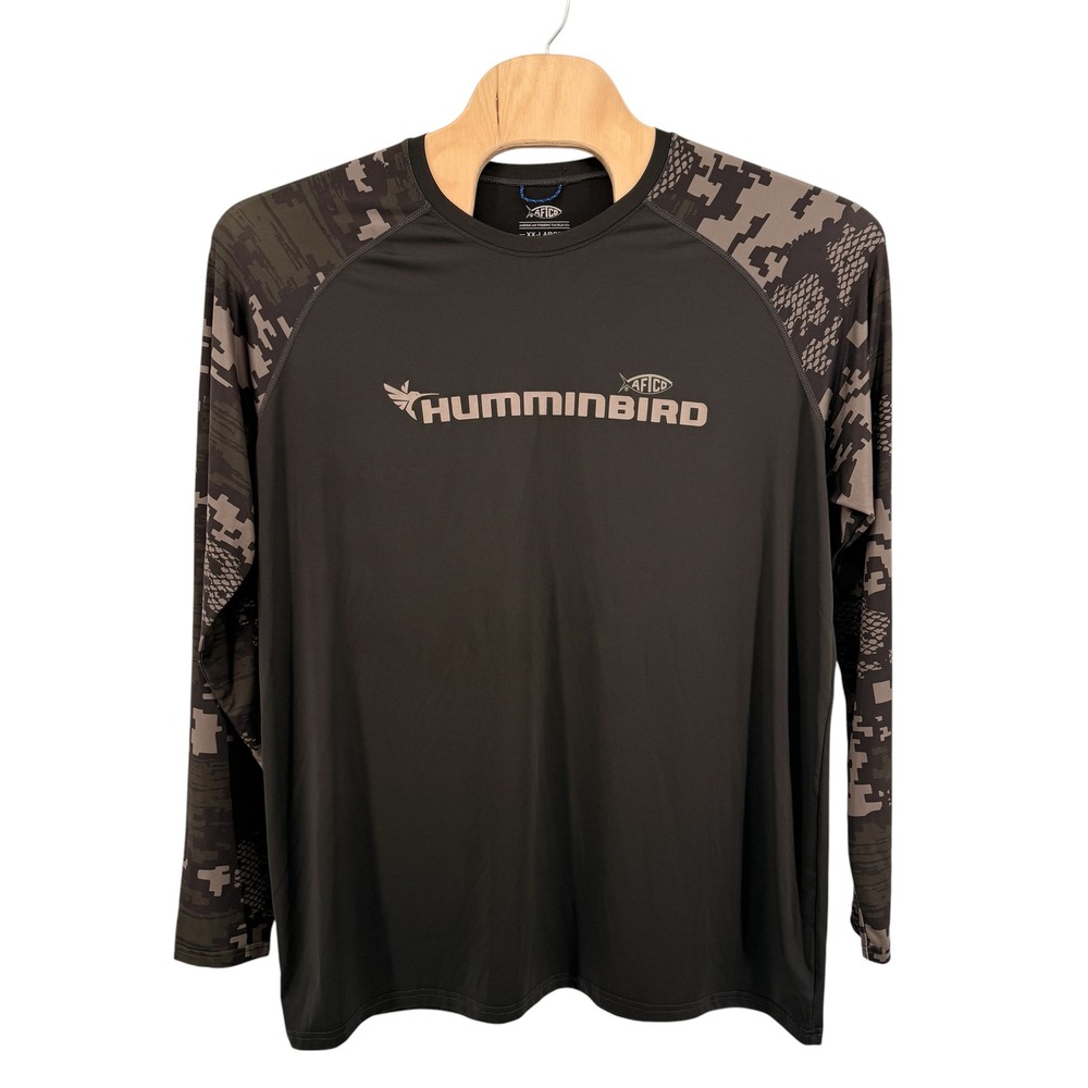 AFTCO Performance Shirt Mens XXL Pre-Owned Green Humminbird Fishing Camo Raglan